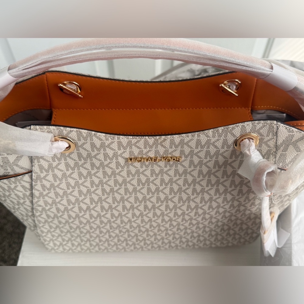 Michael Kors Beige Monogram Tote with Tan Interior and Gold Hardware